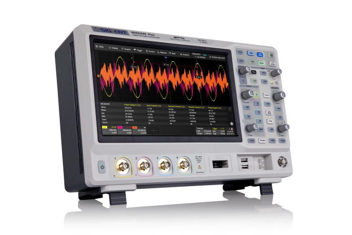 High-performance oscilloscope measuring waveform signals for electronic testing.