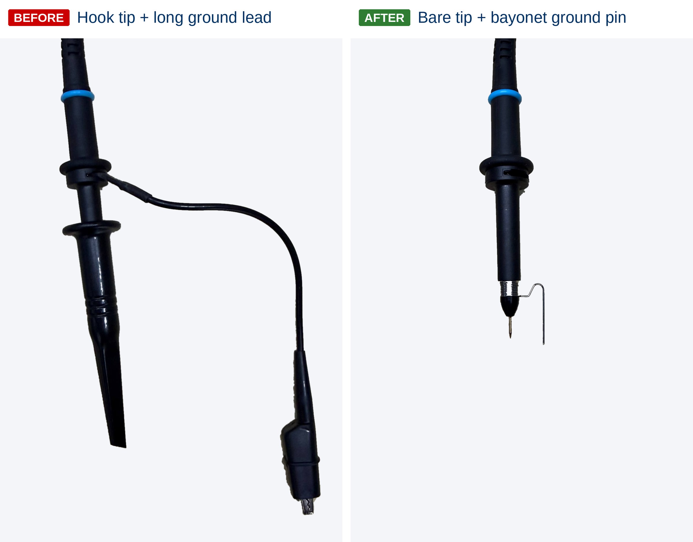 Passive oscilloscope probe before and after: hook tip with a long ground lead and crocodile clip, compared to a bare probe tip with a short bayonet ground pin